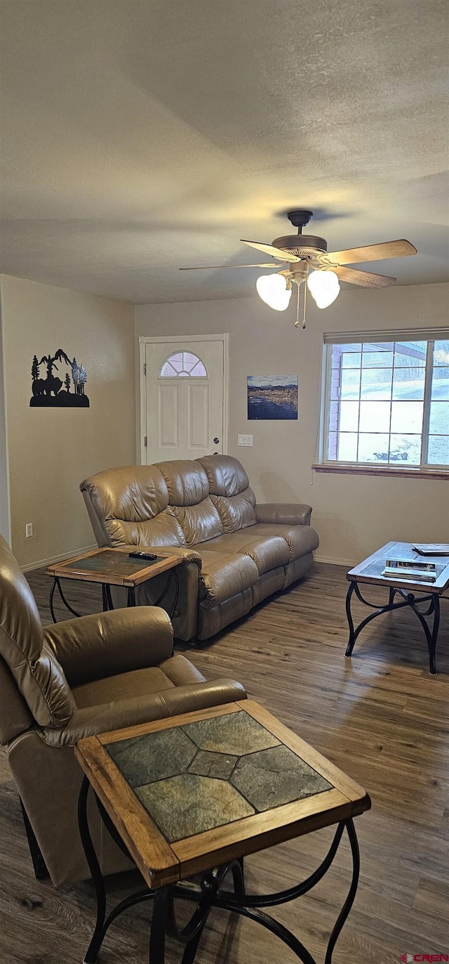 living room with dark hardwood / wood-style flooring and ceiling fan