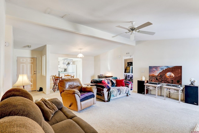 living room featuring ceiling fan, light carpet, and vaulted ceiling with beams