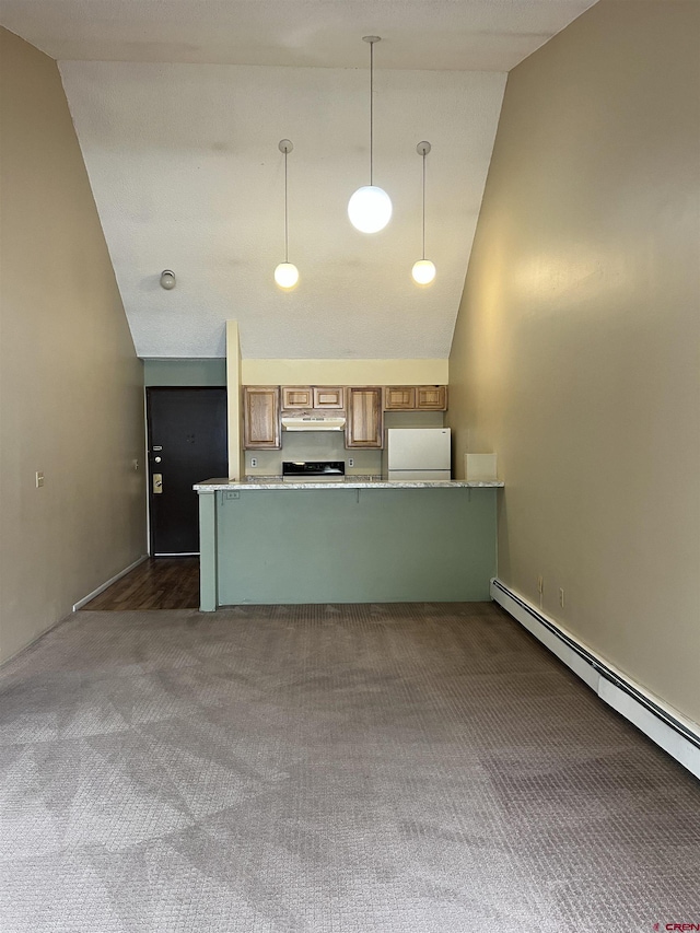 1135 Florida Rd Unit 28, Durango, CO 81301 - kitchen featuring a peninsula, brown cabinets, freestanding refrigerator, dark carpet, and baseboard heating