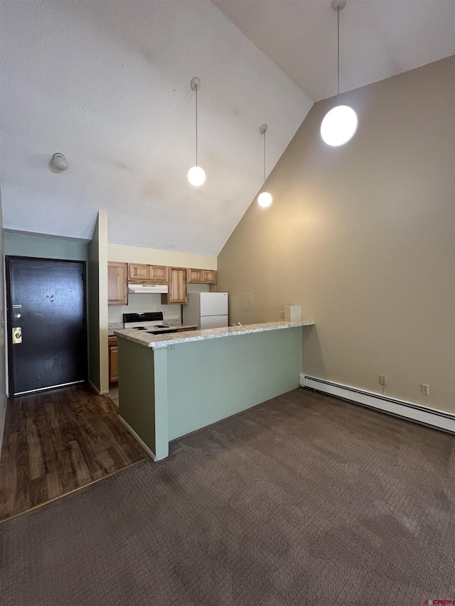 1135 Florida Rd Unit 28, Durango, CO 81301 - kitchen featuring a peninsula, lofted ceiling, freestanding refrigerator, under cabinet range hood, and electric range oven