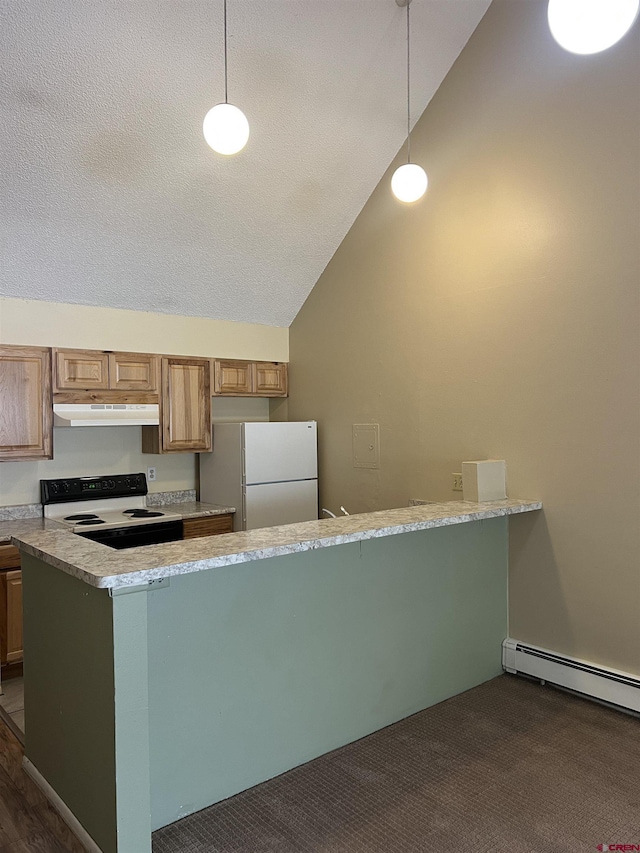 1135 Florida Rd Unit 28, Durango, CO 81301 - kitchen with a peninsula, freestanding refrigerator, range with electric cooktop, under cabinet range hood, and vaulted ceiling