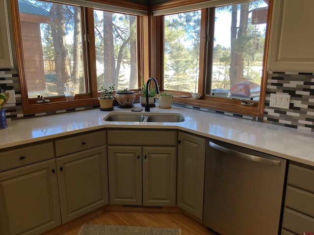 kitchen with a healthy amount of sunlight, sink, tasteful backsplash, and dishwasher