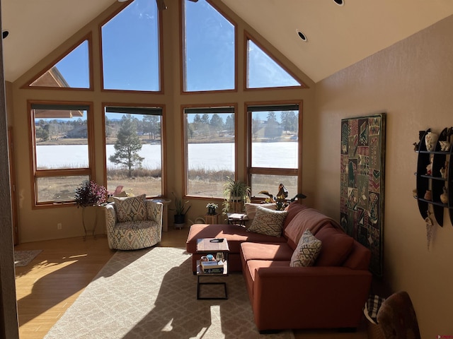 living room featuring a water view, wood-type flooring, and high vaulted ceiling