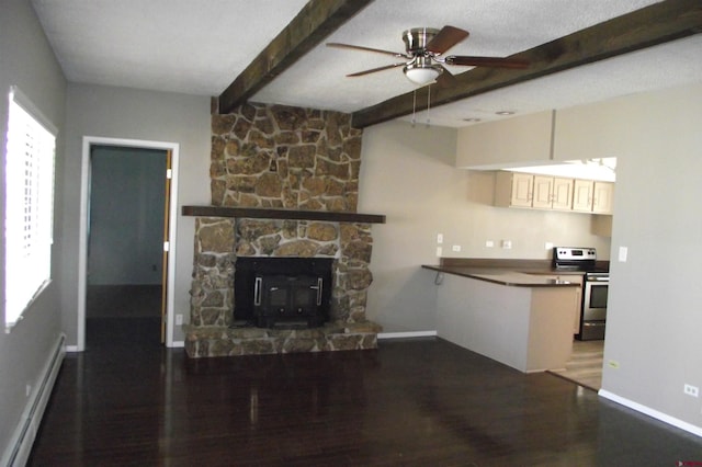 living room featuring beamed ceiling, a baseboard radiator, dark hardwood / wood-style floors, and ceiling fan