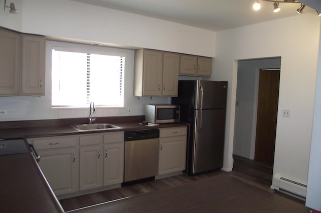 kitchen featuring stainless steel appliances, dark hardwood / wood-style floors, sink, and a baseboard heating unit