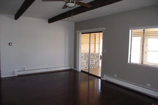 empty room with dark hardwood / wood-style flooring, beam ceiling, a baseboard radiator, and ceiling fan