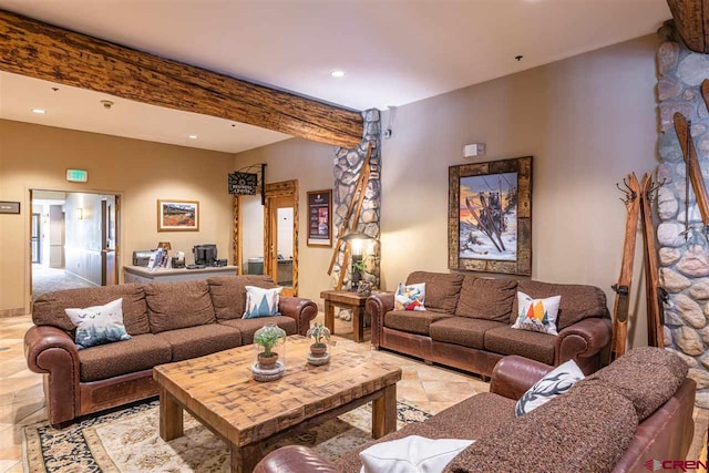 living room with beam ceiling