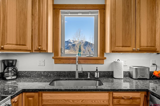 kitchen with dark stone countertops, sink, and electric stove