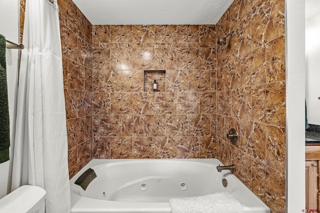 bathroom with shower / bath combination with curtain and a textured ceiling