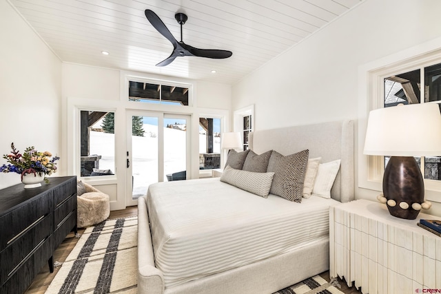 bedroom featuring wood-type flooring, access to outside, ceiling fan, and wood ceiling