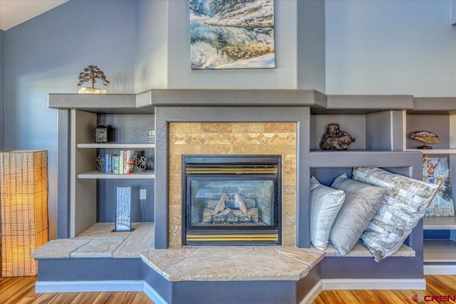 details featuring wood-type flooring and a tiled fireplace