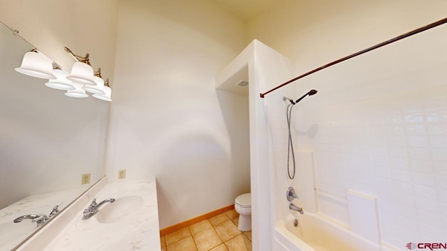 full bathroom with tiled shower / bath combo, vanity, tile patterned floors, and toilet