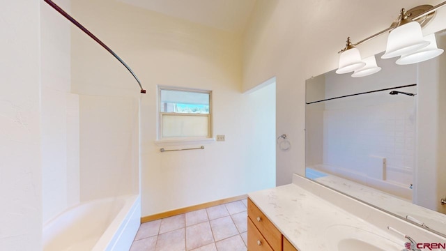 bathroom featuring tile patterned floors,  shower combination, and vanity