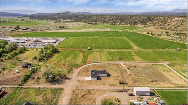 bird's eye view featuring a mountain view and a rural view