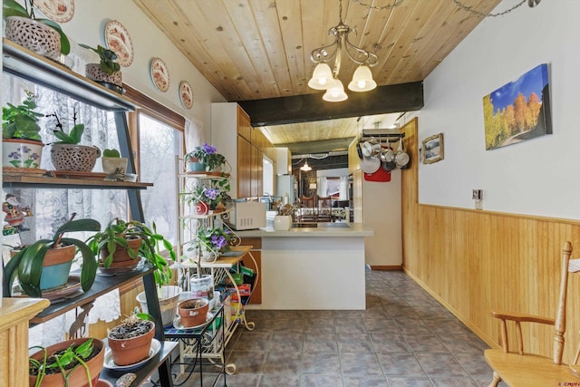 kitchen featuring wood walls, beamed ceiling, wood ceiling, kitchen peninsula, and an inviting chandelier