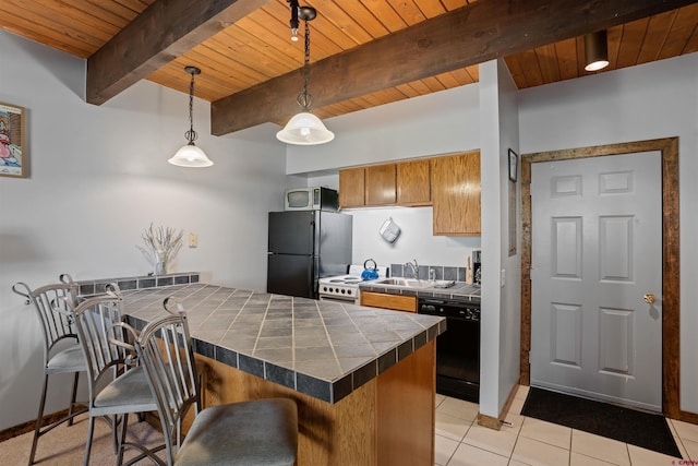 kitchen with wood ceiling, sink, hanging light fixtures, and black appliances