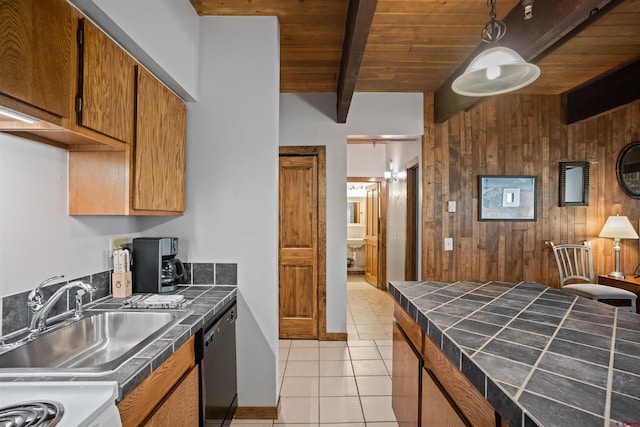 kitchen with wooden walls, beamed ceiling, dishwasher, sink, and wooden ceiling