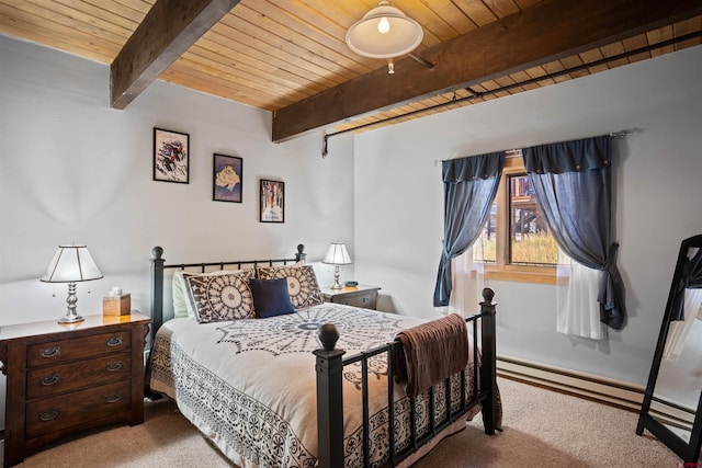 bedroom with beamed ceiling, a baseboard radiator, carpet flooring, and wood ceiling