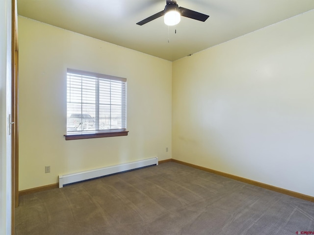 carpeted empty room with ceiling fan and a baseboard heating unit