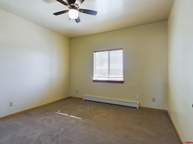 empty room with a baseboard radiator, carpet floors, and ceiling fan