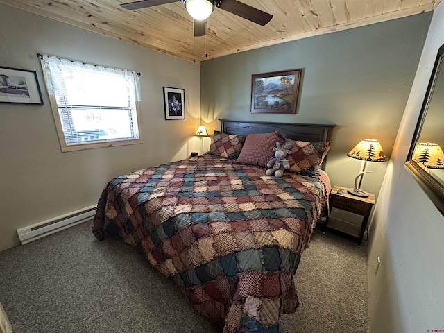 bedroom featuring carpet floors, wood ceiling, a baseboard radiator, and ceiling fan