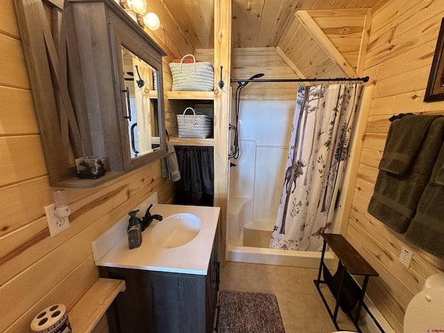 bathroom featuring a shower with curtain, vanity, wooden ceiling, and wood walls