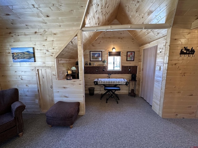 office space featuring lofted ceiling, carpet floors, wood ceiling, and wood walls