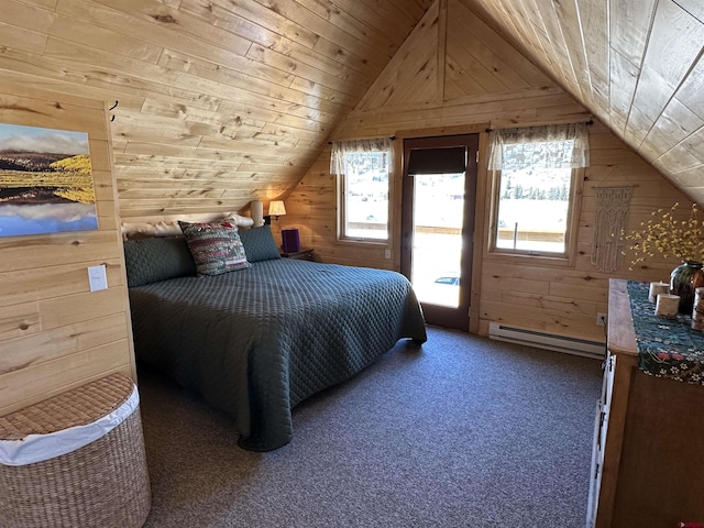 carpeted bedroom with lofted ceiling, wood ceiling, wood walls, and baseboard heating