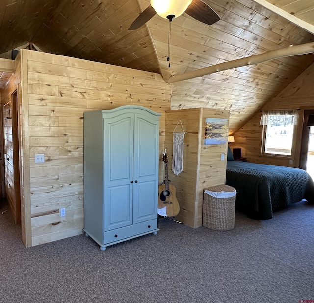 unfurnished bedroom with lofted ceiling, carpet floors, wooden ceiling, and wood walls