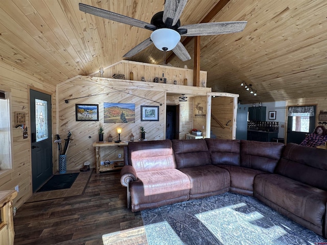 living room featuring wood ceiling, high vaulted ceiling, wooden walls, dark hardwood / wood-style flooring, and ceiling fan