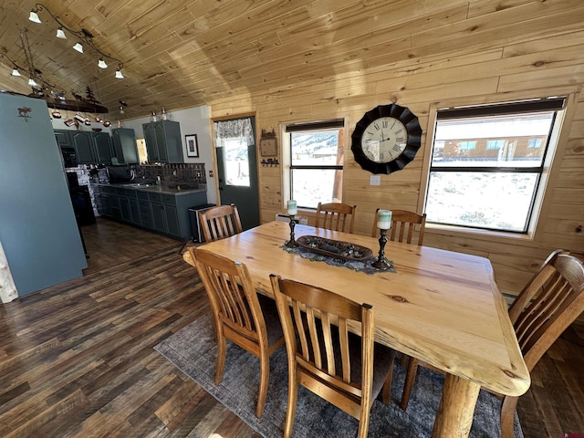 dining area with dark hardwood / wood-style floors, wood walls, sink, track lighting, and wooden ceiling