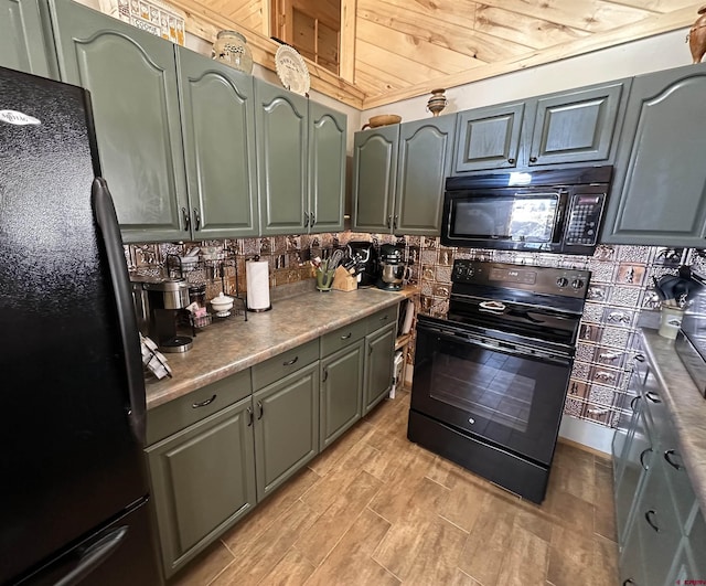 kitchen featuring wooden ceiling, light hardwood / wood-style flooring, and black appliances