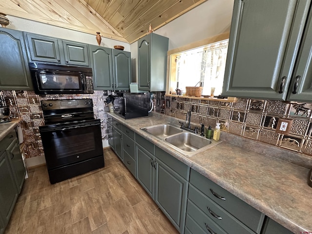 kitchen with sink, tasteful backsplash, black appliances, vaulted ceiling, and wooden ceiling