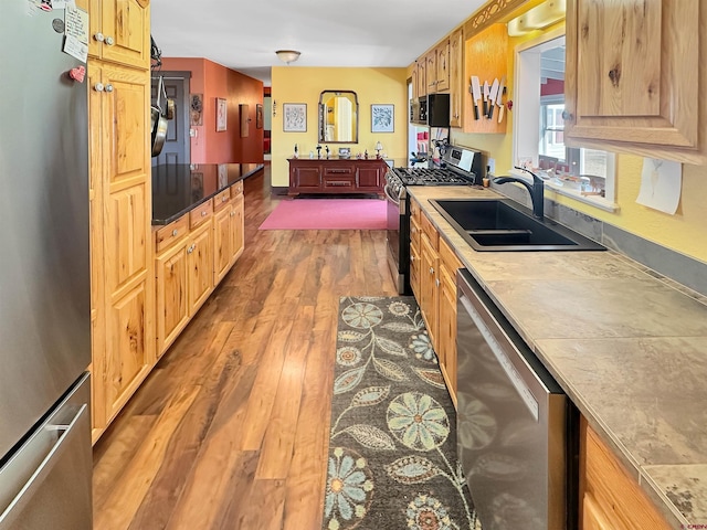 kitchen featuring appliances with stainless steel finishes, sink, and dark hardwood / wood-style flooring