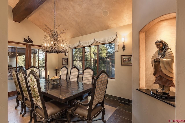 dining area with an inviting chandelier and lofted ceiling with beams