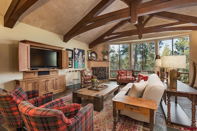 living room featuring lofted ceiling with beams