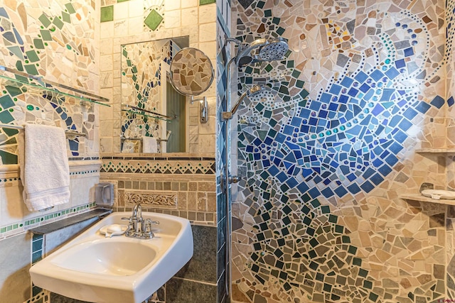 bathroom with decorative backsplash, sink, and tile walls