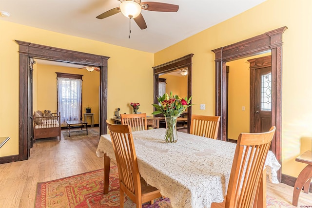 dining room with ceiling fan and light wood-type flooring