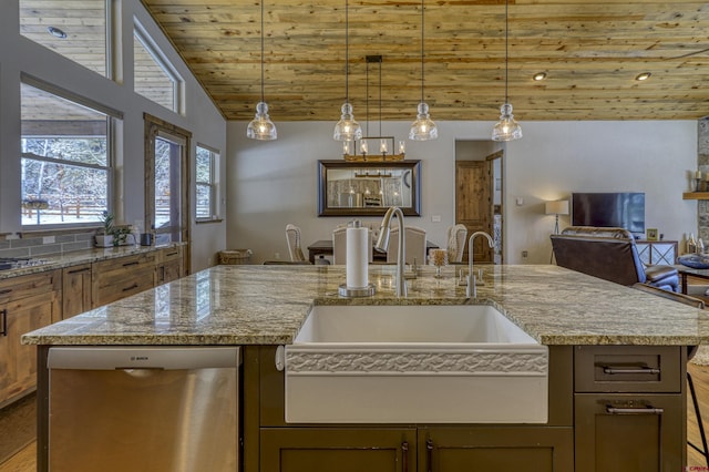 kitchen with pendant lighting, dishwasher, sink, wood ceiling, and a center island with sink