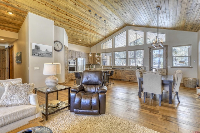 living room featuring wood ceiling, high vaulted ceiling, sink, and hardwood / wood-style floors