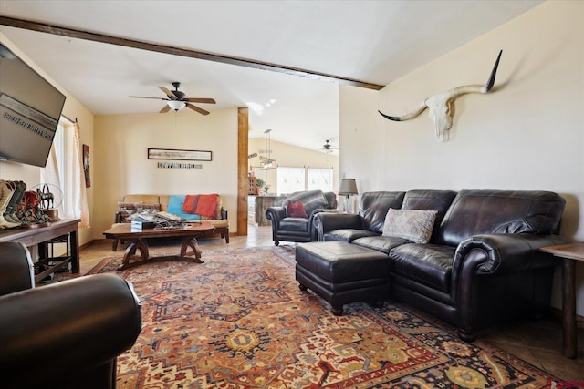 living room featuring ceiling fan, tile patterned floors, and vaulted ceiling