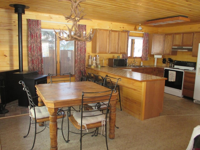 kitchen featuring sink, wood ceiling, hanging light fixtures, white electric range oven, and a wood stove