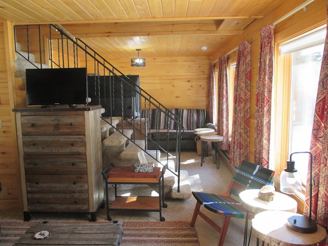 interior space featuring carpet flooring, wooden ceiling, and wooden walls