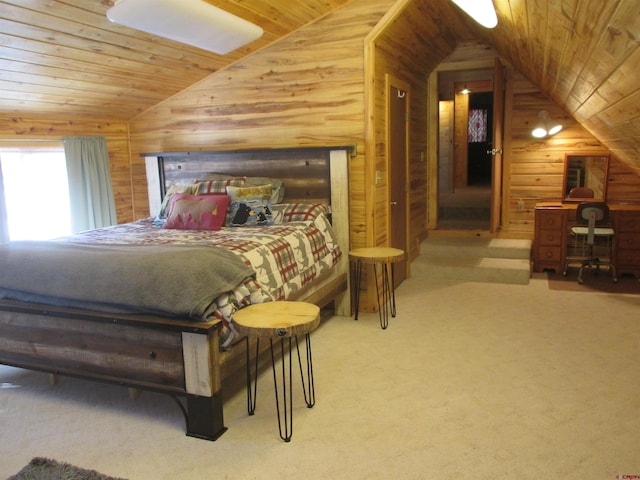 bedroom with wood ceiling, lofted ceiling, wooden walls, and carpet floors