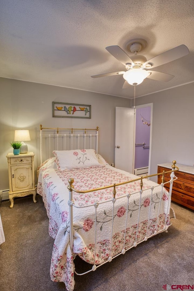 carpeted bedroom with a baseboard heating unit, a textured ceiling, and ceiling fan