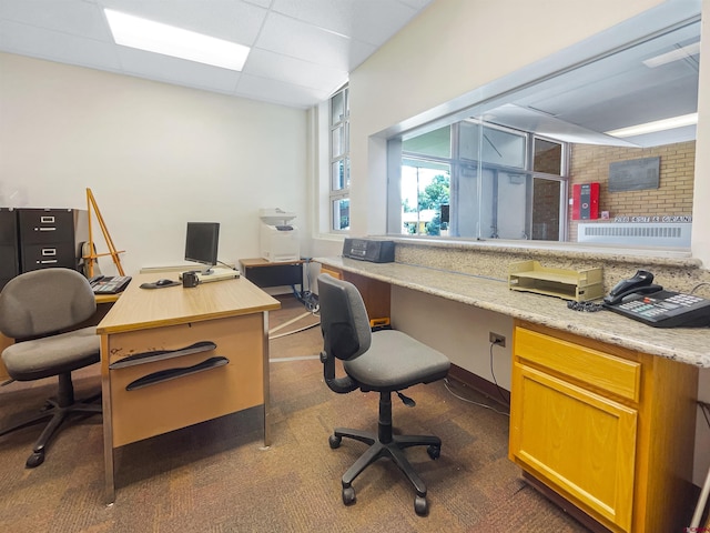 carpeted office space with a drop ceiling