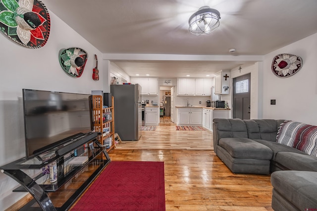 living room featuring sink and light hardwood / wood-style floors