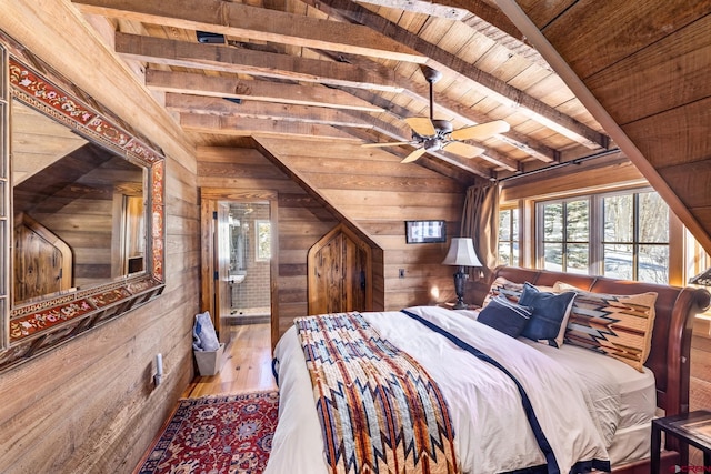 bedroom featuring wood ceiling, wooden walls, lofted ceiling with beams, and wood-type flooring