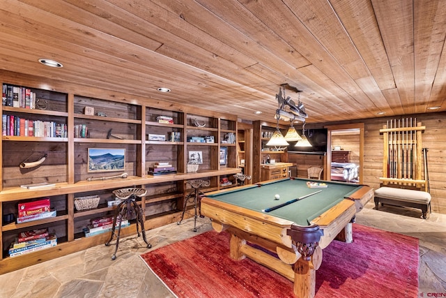 recreation room featuring wood ceiling, wooden walls, and billiards