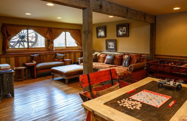 1294 County Road 734, Crested Butte, CO 81224 - living area with wood finished floors, recessed lighting, a wainscoted wall, and wooden walls